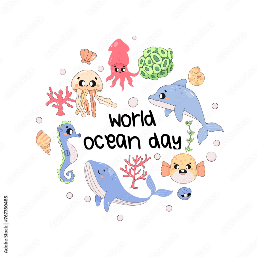 world ocean day, marine world, dolphin, whale, fugu fish, squid, seahorse. world ocean day, marine world, dolphin, whale, fugu fish, squid, seahorse.