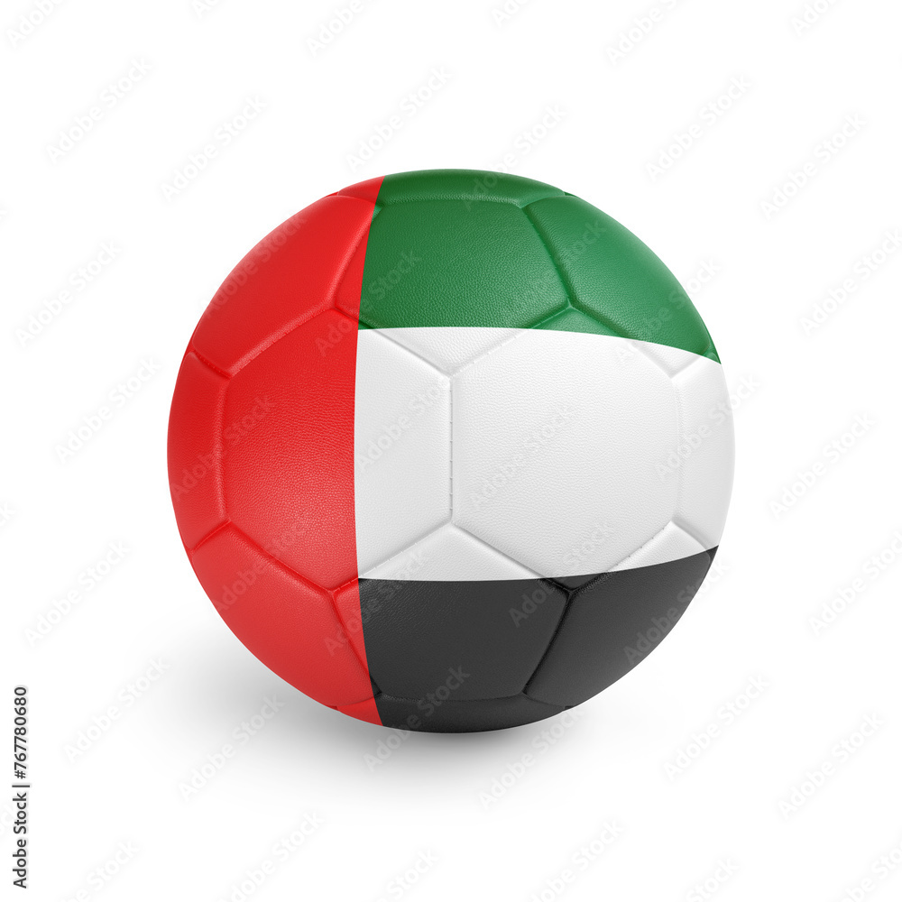 Soccer ball with United Arab Emirates team flag, isolated on white background