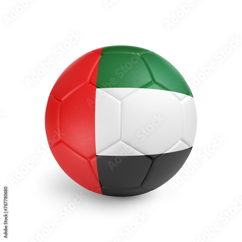 Soccer ball with United Arab Emirates team flag, isolated on white background