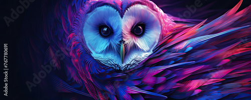 Purple neon owl on black background. graphic owl portrait in bright colors