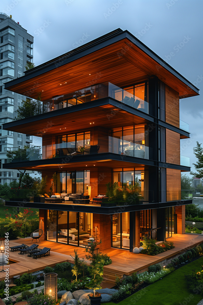 A wooden modern high building featuring numerous windows for natural light and ventilation, vertical
