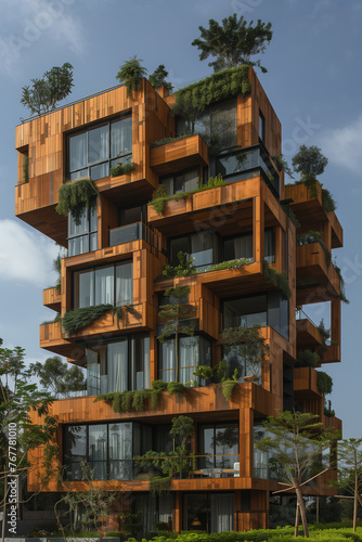 A modern wooden high-rise building with an abundance of windows, vertical