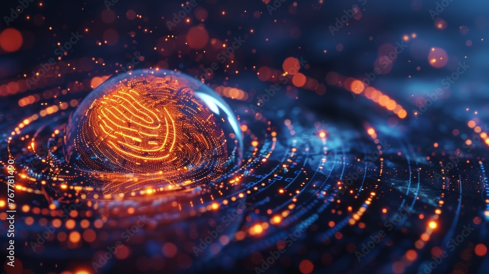 A 3D fingerprint icon unlocking a glowing sphere of swirling data A 3D fingerprint icon unlocking a glowing sphere of swirling data