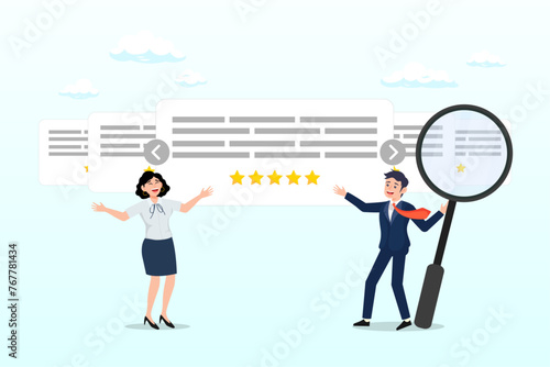 Marketing team monitor and analyse stars rating to increase satisfaction, reputation management team monitor online feedback rating to improve brand positive rank and gain customer trust (Vector)