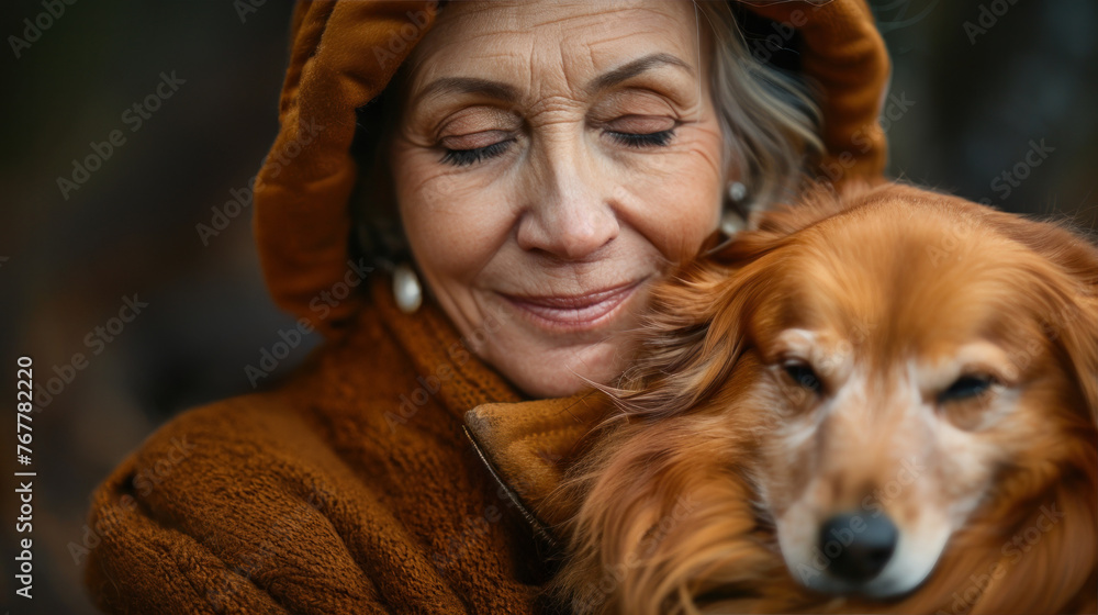 A beautiful mature woman is walking and hugging her dog outside in the yard during a walk. Copy space. World Dog Day. Day of worship of dog fidelity. World Animal Day