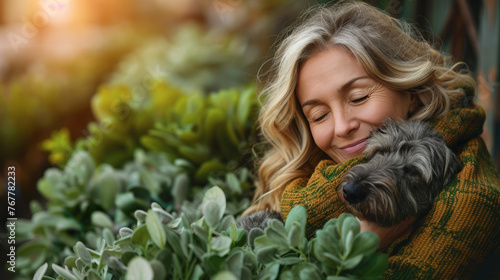 A beautiful mature woman is walking and hugging her dog outside in the yard during a walk. Copy space. World Dog Day. Day of worship of dog fidelity. World Animal Day photo