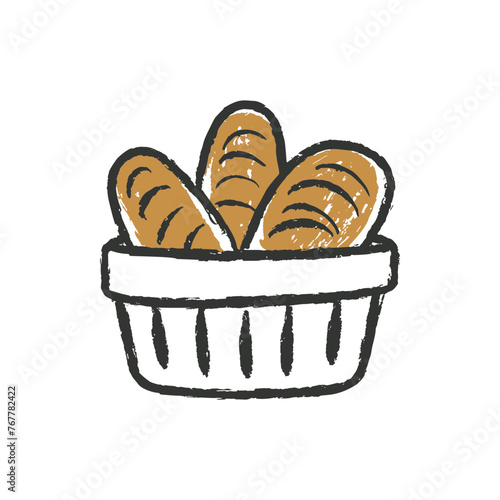 Basket full of bread on a kitchen worktop
