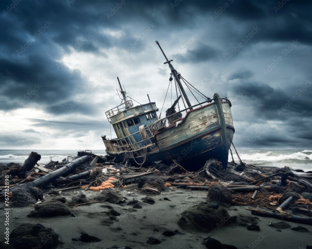 A spectral shipwreck fading in and out of view in the mist A spectral shipwreck fading in and out of view in the mist