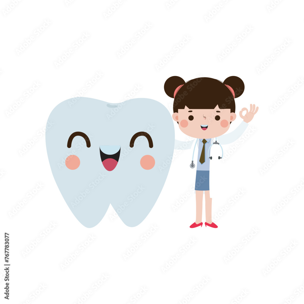 Happy Dentist with Tooth character Cute cartoon flat style vector illustration on white background Happy Dentist with Tooth character Cute cartoon flat style vector illustration on white background