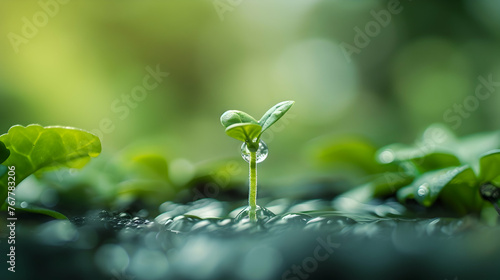 A small green plant is seen sprouting from a single drop of water, showing the beauty of natures cycle of growth and sustenance