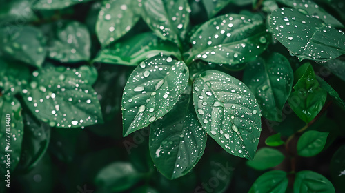 Close-up view of a plant covered in glistening water droplets. The plants lush green leaves are adorned with tiny  clear droplets reflecting light