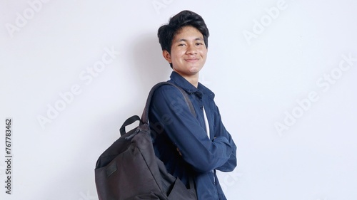 young handsome asian student male holding bag isolated white background