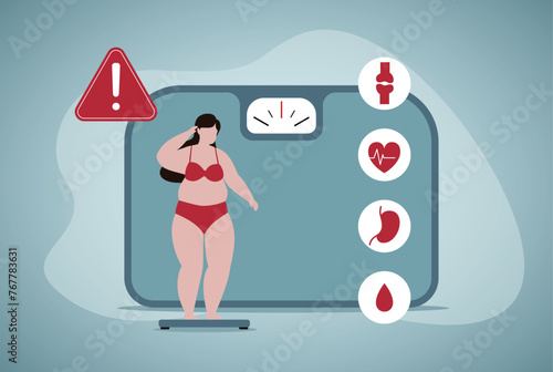 Woman suffering from overweight, obesity, heart disease, having diabetes risk. Can be used for health problem, lifestyle, medical help concept