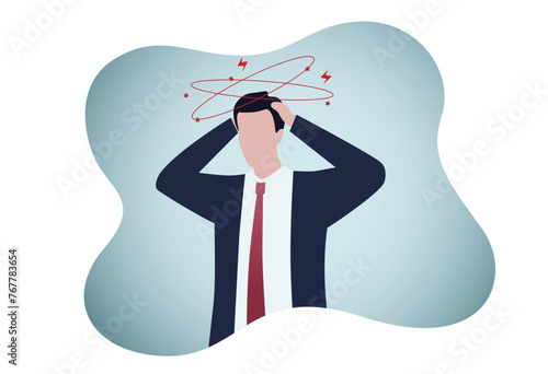 Sick person suffering from vertigo, feeling confused, dizzy and head ache. Flat vector illustration for stress, sickness symptoms, migraine, hangover concept