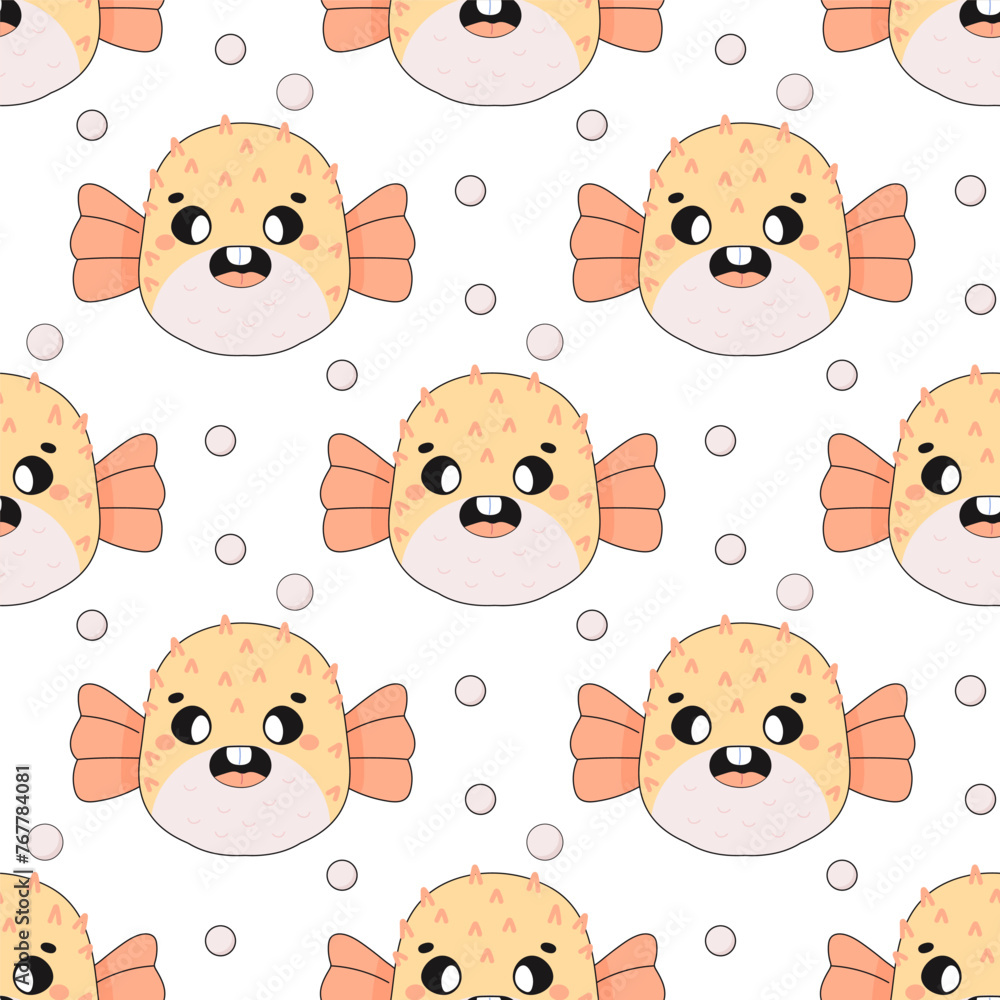 Fototapeta premium Summer seamless pattern, sea world, cute fugu fish, baby.