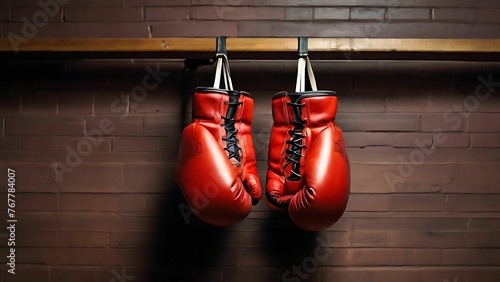 Red boxing gloves hanging on brick wall background © MARS