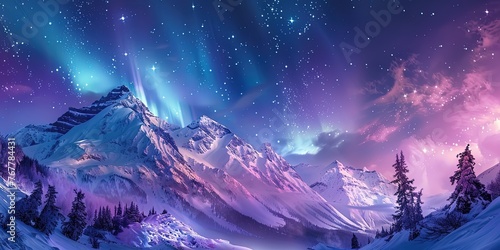Northern lights on the background of snow-capped mountains, beauty, rare phenomenon, background, wallpaper. © Oleksii