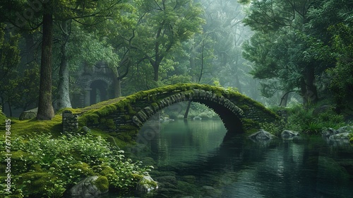 A moss-covered stone bridge spanning a tranquil river, leading to the entrance of an ancient castle hidden amidst towering trees and thick undergrowth. © ZQ Art Gallery 