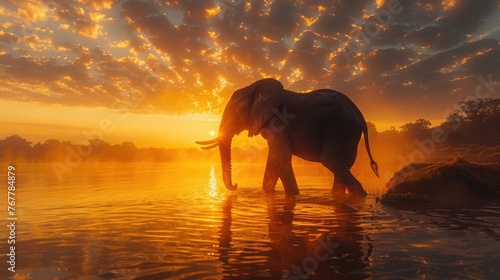 An elephant stands at water's edge as the sunset casts orange hues over the tranquil scene with reflections.