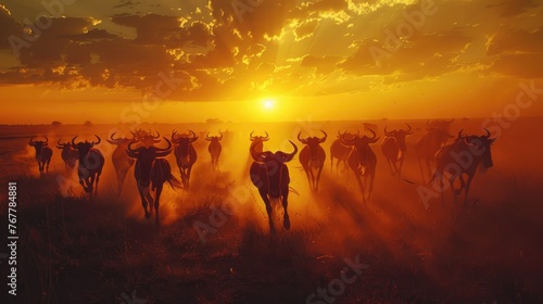 A silhouette of a wildebeest herd stampeding across the savannah against an orange sunset sky. photo