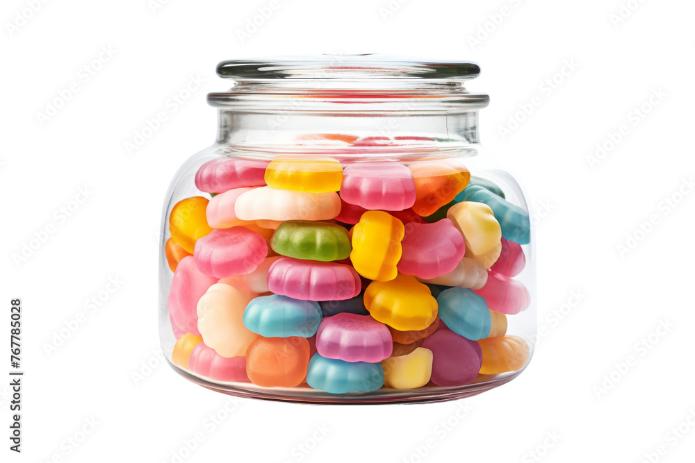 Jar of Joy: A Rainbow of Gummy Bears Delight. On a White or Clear Surface PNG Transparent Background.