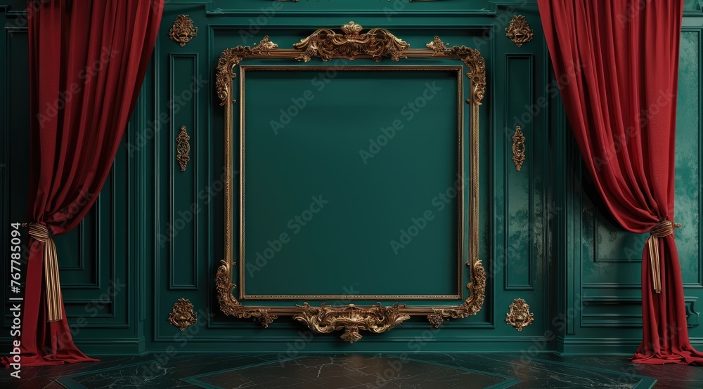 A dark green wall with an ornate gold frame and red velvet curtains, a victorian theater stage backdrop, a vintage art style - obrazy, fototapety, plakaty 