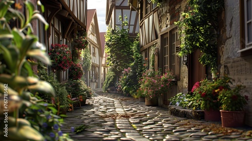 A quaint cobblestone alleyway winding through an old European village, lined with charming half-timbered houses and flower-filled window boxes.