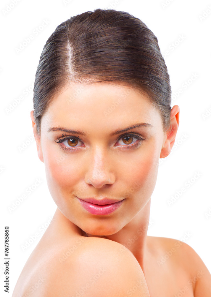 Woman, face and skin for natural beauty, healthy glow and wellness for dermatology isolated on white background. Skincare, cosmetic facial and antiaging, clean in portrait and self care in studio Woman, face and skin for natural beauty, healthy glow and wellness for dermatology isolated on white background. Skincare, cosmetic facial and antiaging, clean in portrait and self care in studio