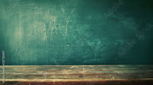 Chalkboard in Empty Classroom with Wooden Desk