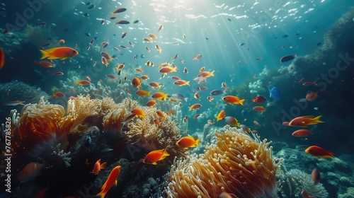 Vibrant undersea view with fish swimming around coral reef.