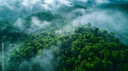 The photo shows a tropical green forest and nature from above with clouds  from a bird s eye view.