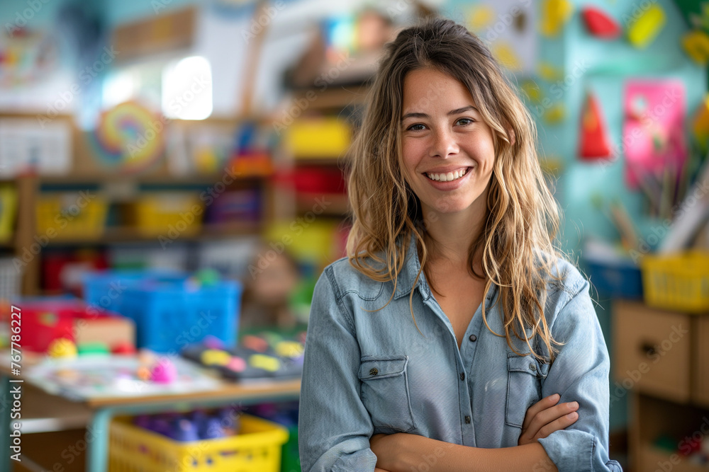 Dedicated Kindergarten Teacher with Blurred Classroom Background. Dedicated Kindergarten Teacher with Blurred Classroom Background.