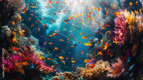 A colorful coral reef teeming with diverse fish species. © EyerusalemYonas