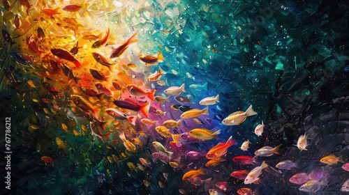 A colorful abstract image of fish swimming with a textured, raindrop effect.