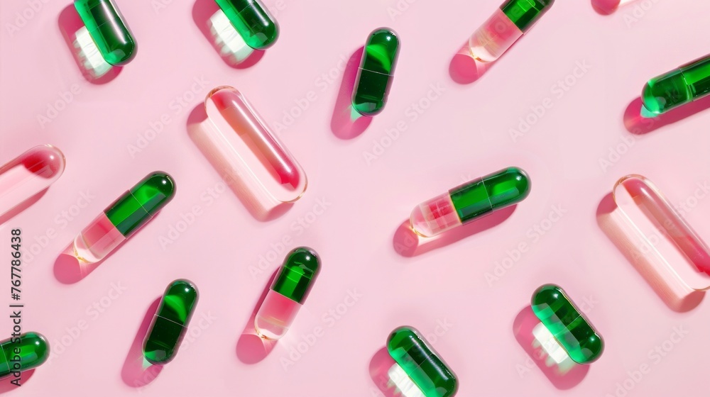Colorful Medication Capsules on Pink Surface Colorful Medication Capsules on Pink Surface