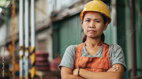 A female factory worker stands outside an industrial warehouse, clad in her blue-collar uniform and hardhat. © HillTract