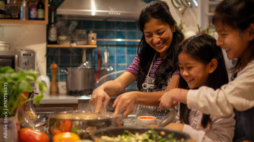 Family Cooking Together in a Home Kitchen
. Family cooking session blending Asian spices with Western recipes, laughter and aromatic herbs filling the kitchen. 