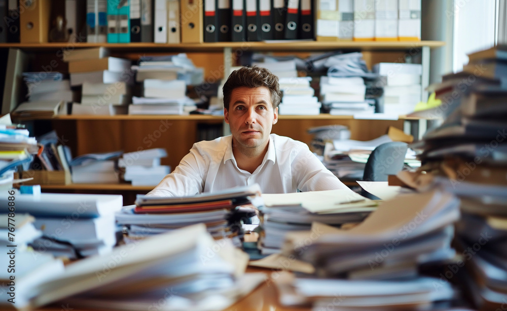 A Male Employee's Struggle with Workload. Too Much Work in the Office. A Male Employee's Struggle with Workload. Too Much Work in the Office.