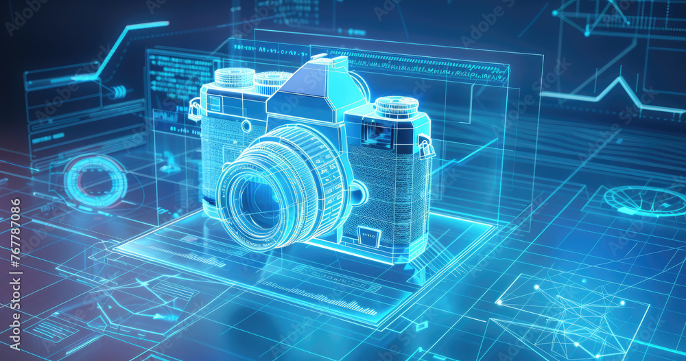 3D Blueprint of Vintage Camera - This image showcases a digital 3D blueprint projection of a classic camera, highlighting intricate details in cyan on a dark background