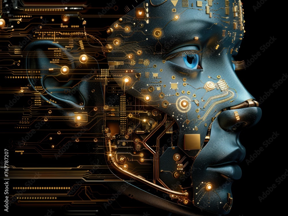 Fototapeta premium Abstract futuristic technology background concept - Shiny glowing circuit board with futuristic technology elements in a black gold color scheme create a sleek abstract background image