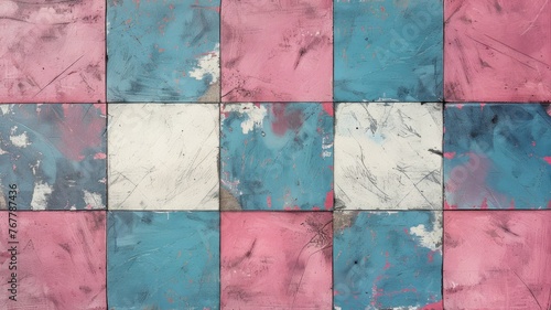 Aging textured tiles in pink and blue shades - Closeup of aging tiles with pink and blue shades showing the texture and weathering over time