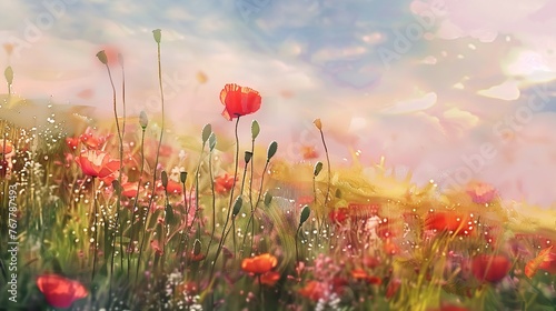 Watercolor Painting Poppies in the Field