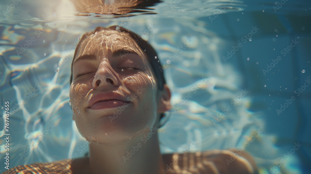 Serene underwater moment as sunlight dances on the face of a submerged woman. Serene underwater moment as sunlight dances on the face of a submerged woman.