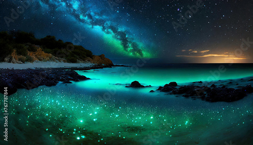 Specks of bioluminescence creating a mesmerizing display along the coastline, photorealistic, cinematic landscape, AI Generate