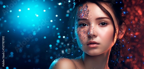 cyborg girl on an abstract background web banner generative AI