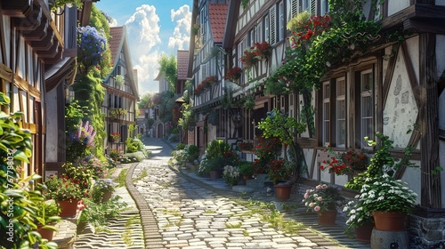 A quaint cobblestone alleyway winding through an old European village, lined with charming half-timbered houses and flower-filled window boxes.