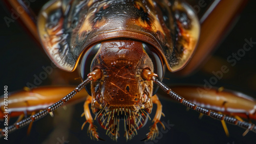 Macro shot of an exotic, detailed insect head with menacing mandibles. © VK Studio