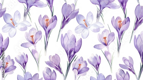 Watercolor Purple Crocuses Seamless Pattern Spring