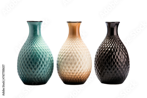 Trio of Artistic Vessels Basking in Harmony. On a White or Clear Surface PNG Transparent Background.