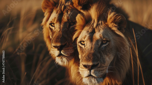 Majestic lions in the wild  mirroring each other with a sunset backdrop.
